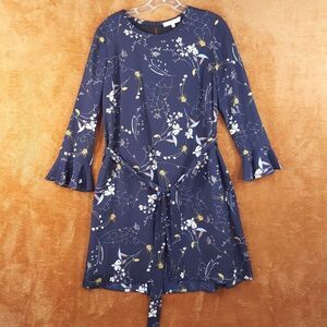 MIKA & GALI Womens Dress Small Blue Floral Fit Flare Belted Pleated Keyhole Back